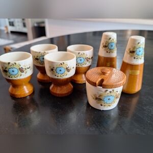 Vintage Egg Cups and Shakers Set wood and ceramic